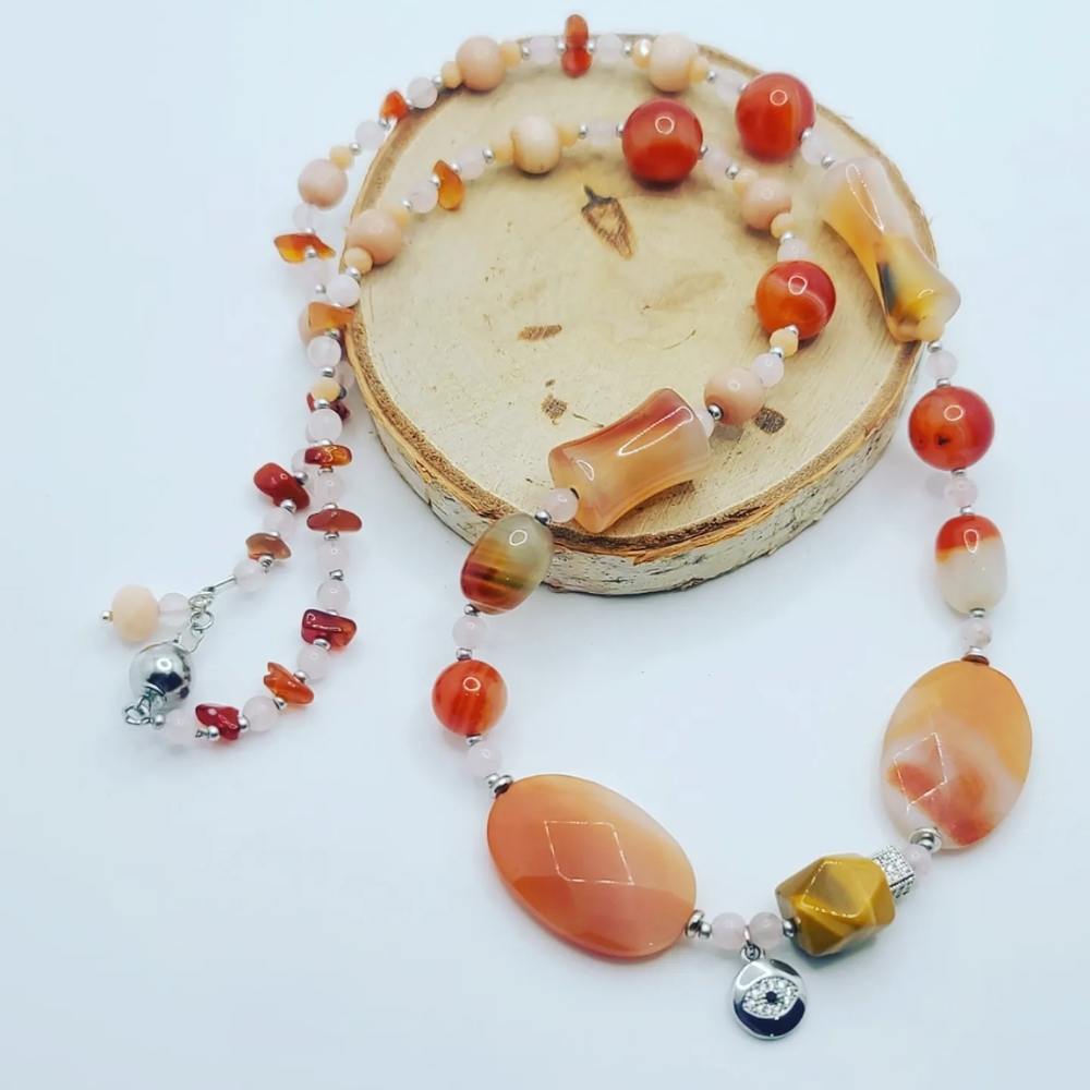 Peach Agate, Rose Quartz, Evil Eye Charm necklace